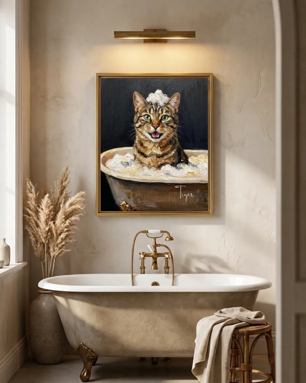 Custom cat portrait on canvas — Tiger in a bath-time scene, wood frame