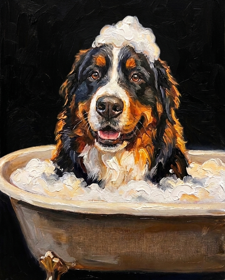 Bath time custom pet portrait printed on framed canvas