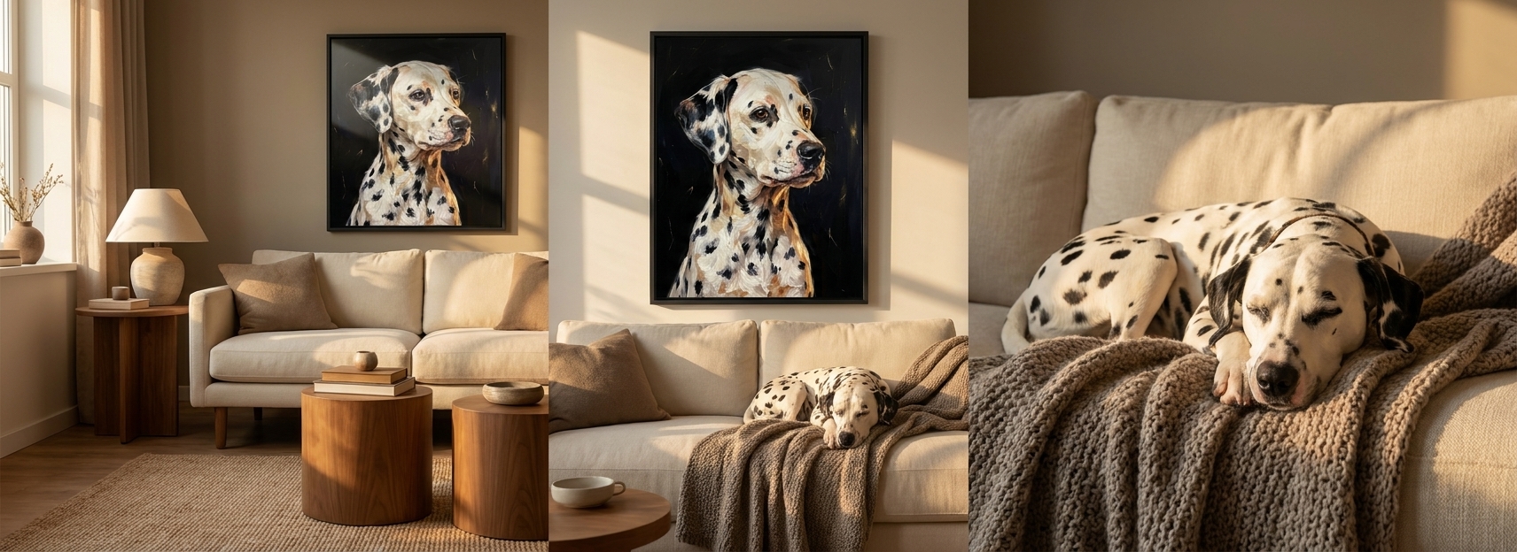 Custom pet portrait on framed canvas displayed poolside next to a French Bulldog