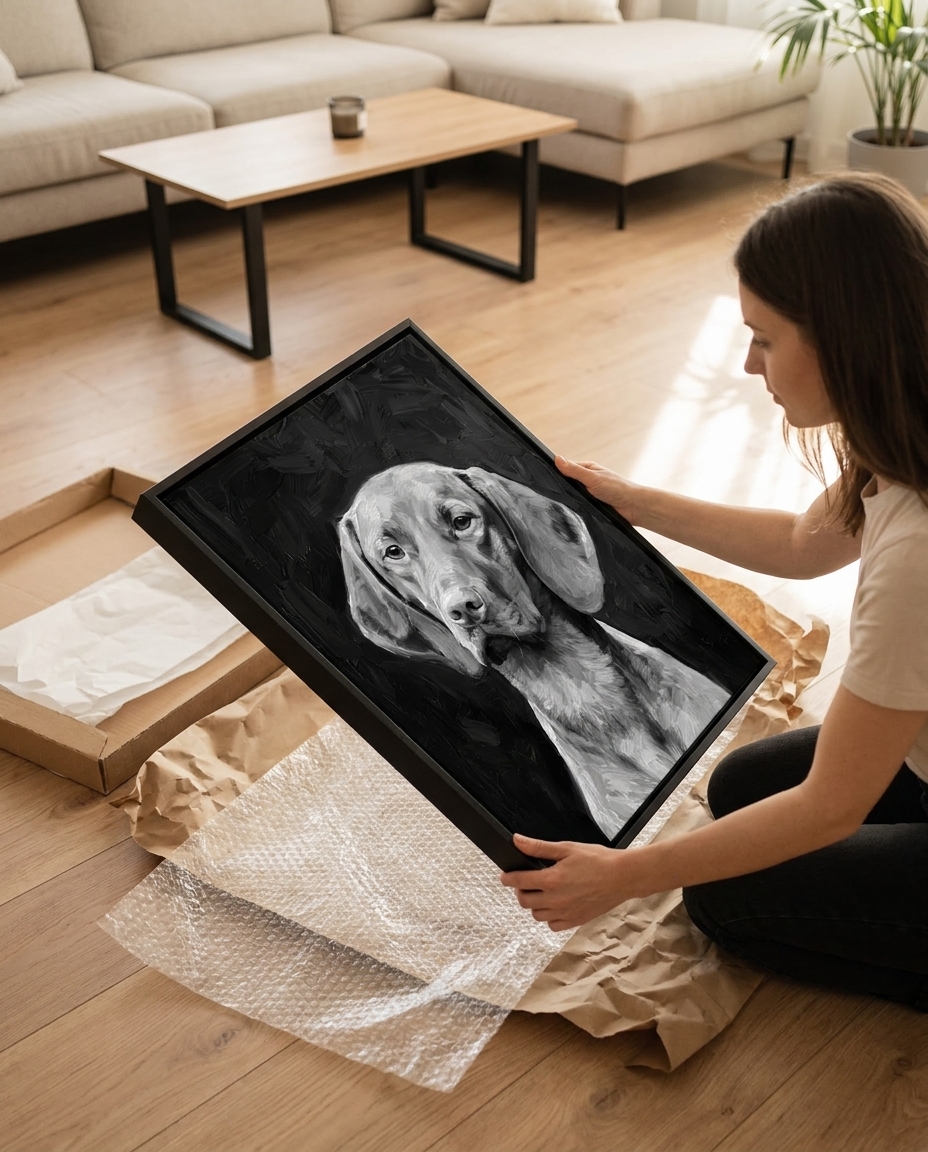 Custom pet portrait on framed canvas — dinner-time scene