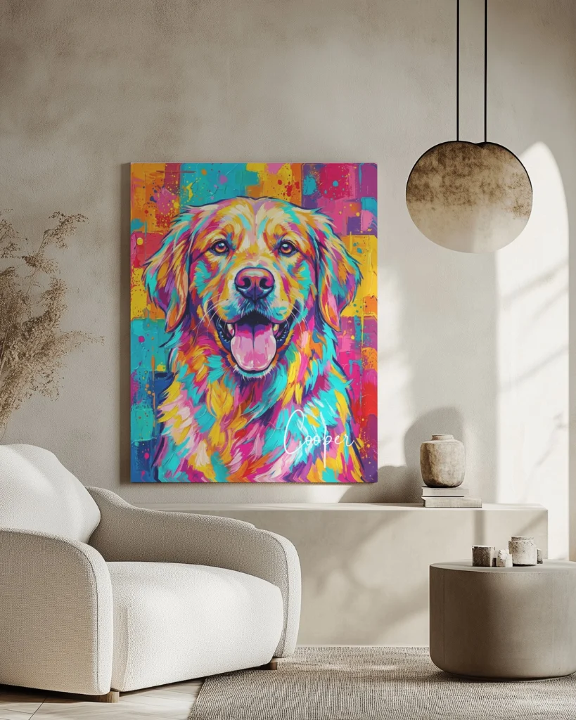 Colorful custom golden retriever portrait on framed canvas hung in a modern living room