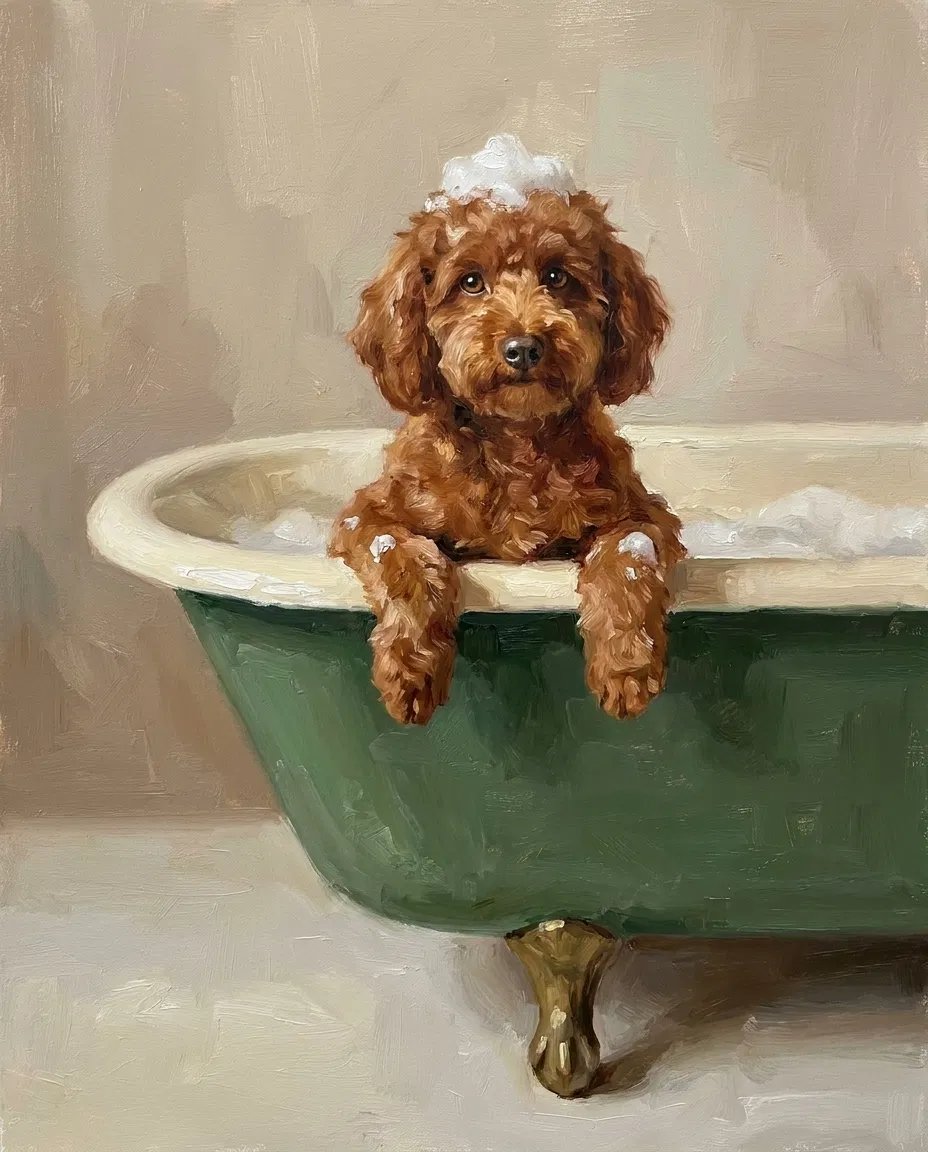 Portrait d'animal personnalisé L'heure du bain imprimé sur toile encadrée