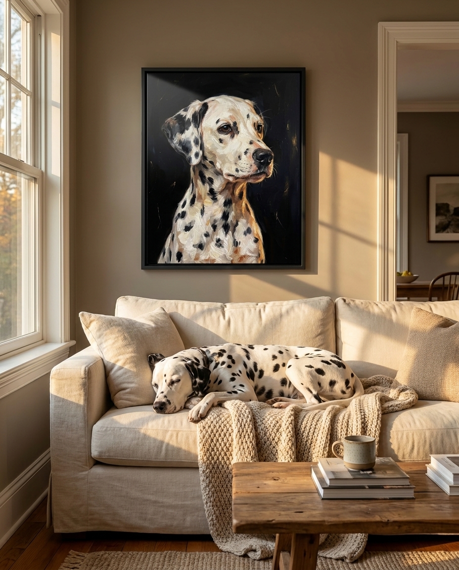 Custom pet portrait on framed canvas displayed poolside next to a French Bulldog