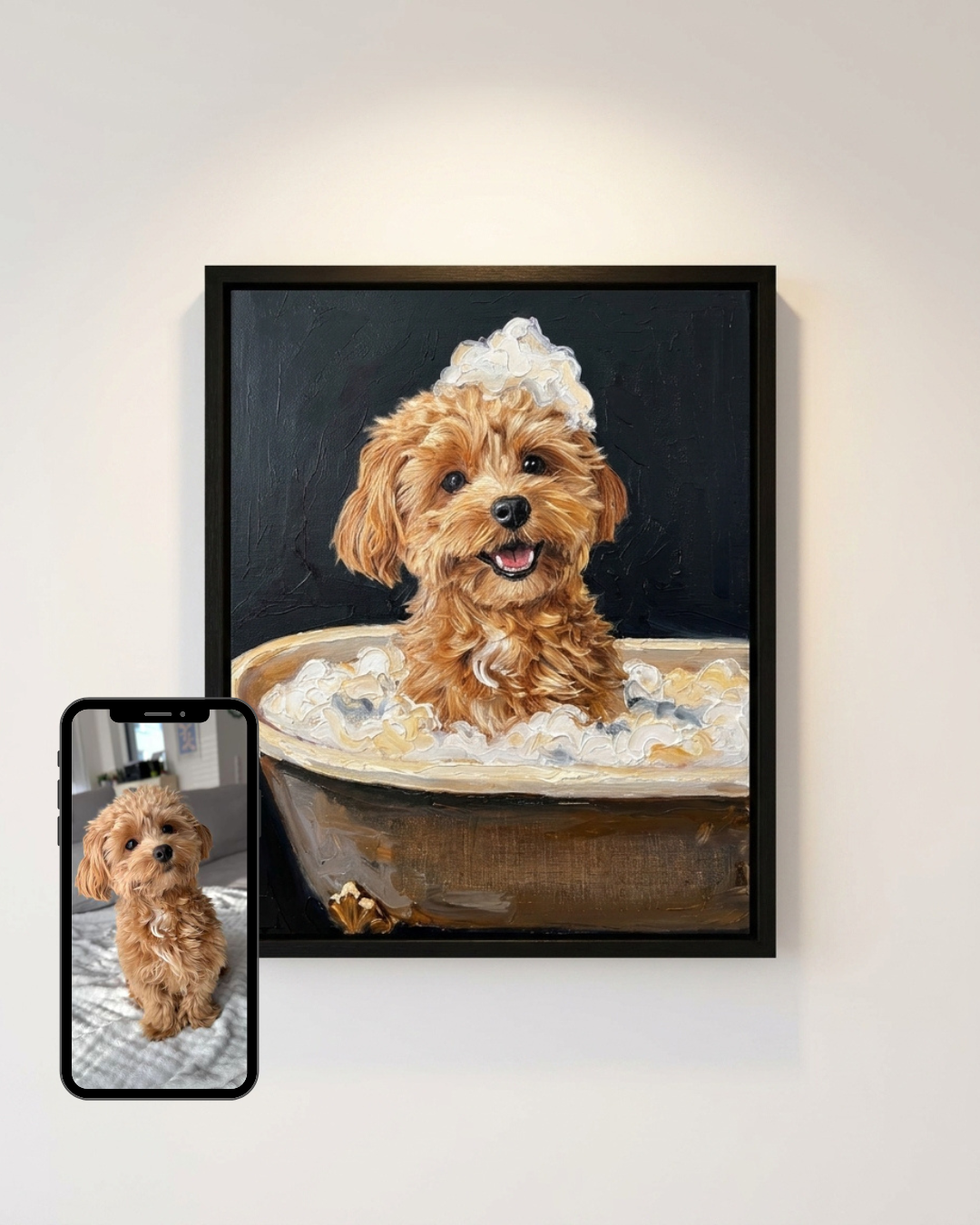 Before and after comparison of a custom pet portrait next to the original phone photo