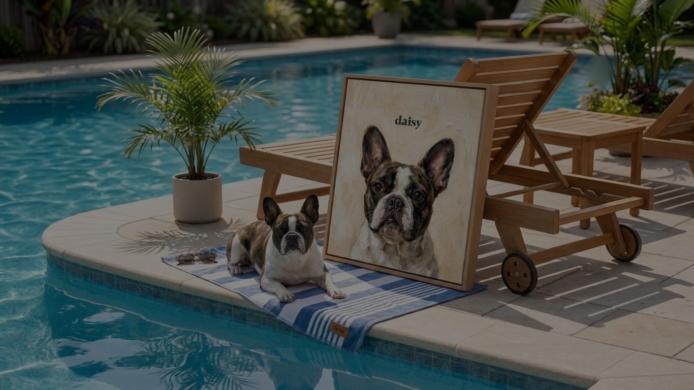 Custom pet portrait on framed canvas displayed poolside next to a French Bulldog